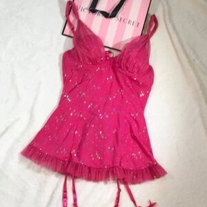 Vintage Victoria's Secret Little Sexy Things Hot Pink Bow Sequin Corset Babydoll